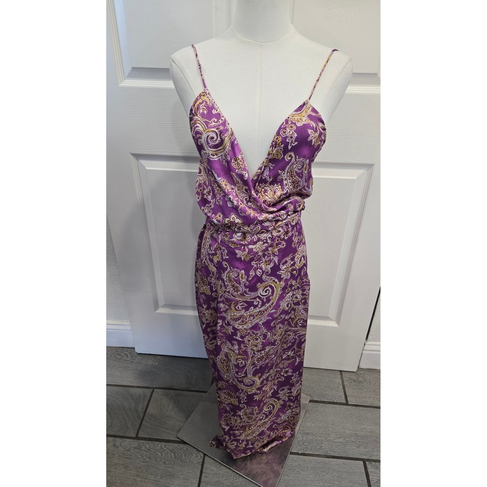 Zara Purple Paisley Print Satin V-Neck Maxi Dress Spaghetti Strap Wrap Skirt